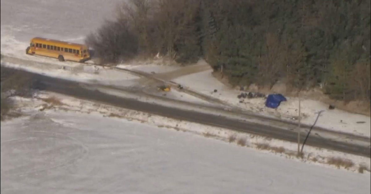 Driver killed, kids taken to hospital as car hits school bus near Manhattan, Illinois