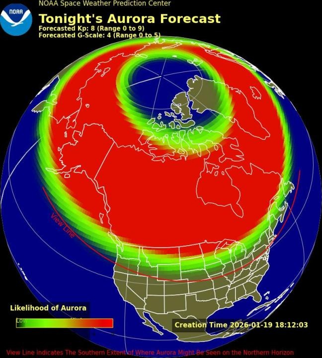 Illustration of a map showing the northern lights sight line for January 2026.