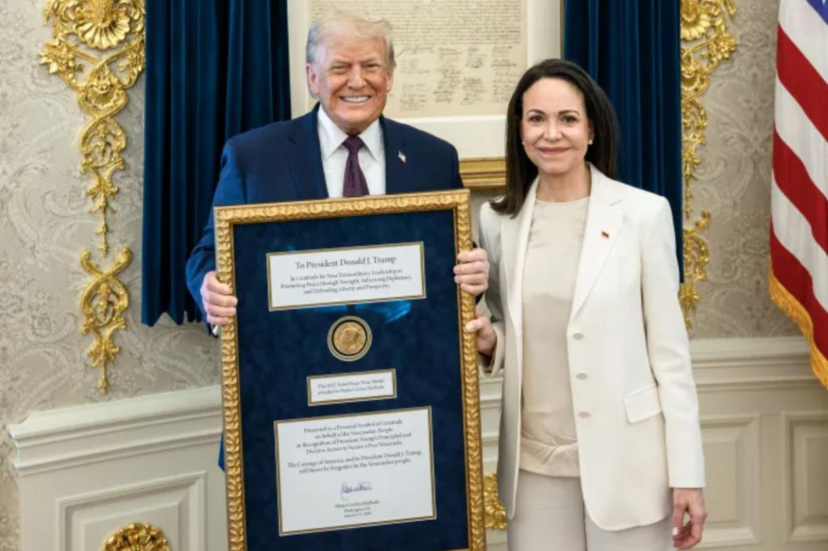 Venezuelan opposition leader María Corina Machado presented Trump her Nobel Peace Prize medal in White House meeting