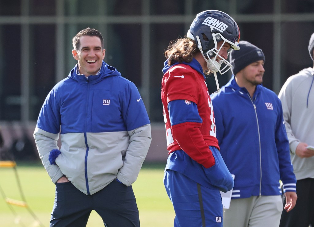 Joe Schoen and Jamie Gillan at New York Giants practice.