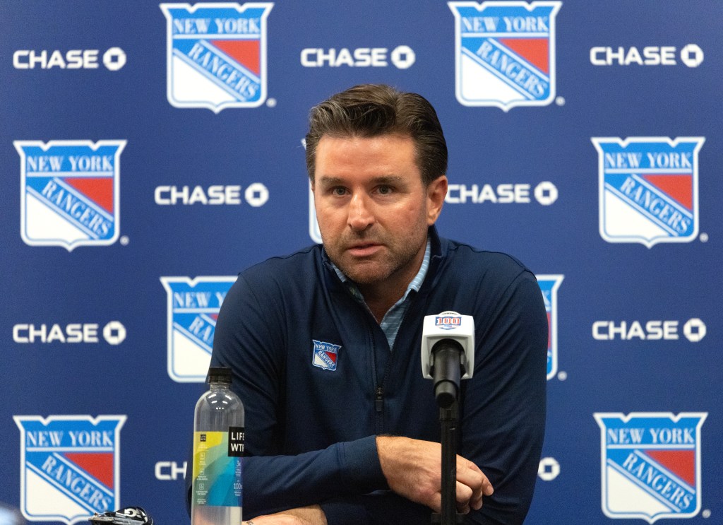 New York Rangers GM Chris Drury during a press conference.