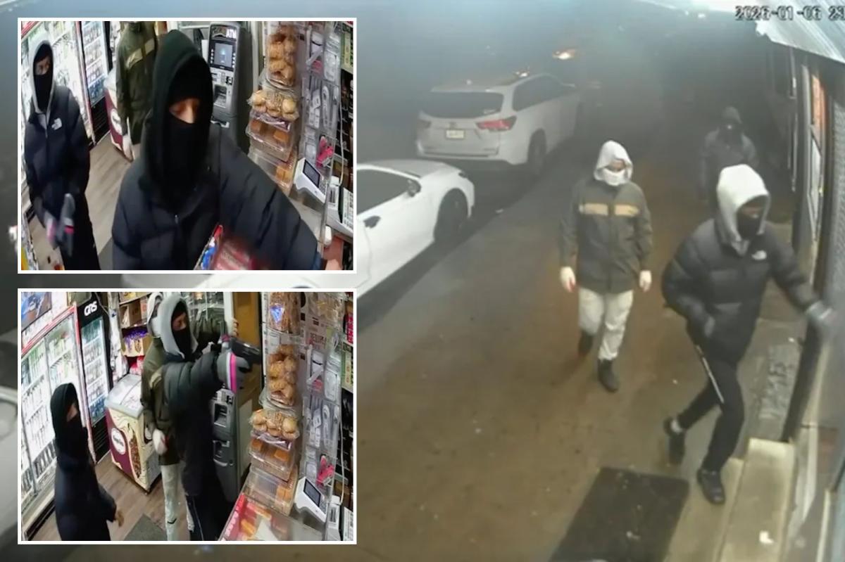 3 masked brutes, 1 with gun, ambush NYC bodega workers for $4K cash, pricey jewelry in caught-on-video heist