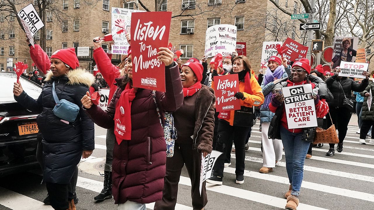 Roughly 15,000 nurses walked off the job Jan. 12, launching what the union has described as the largest nurses’ strike in city history. (AP Photo/Richard Drew)