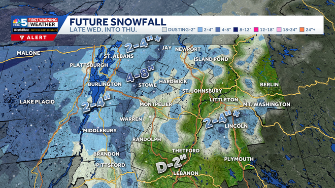 Northern Vermont snow totals thursday snow map