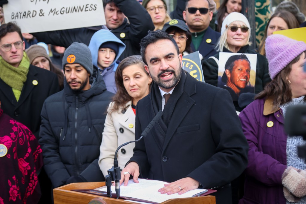 NYC Mayor Zohran Mamdani speaking at a press conference about the McGuinness Boulevard redevelopment plan.