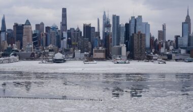 Ice floats on the Hudson River in front of the New York City skyline, as seen from Weehawken, N.J., Monday, Jan. 26, 2026. (AP Photo/Seth Wenig)