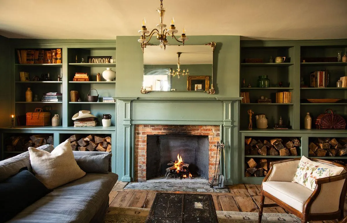 a parlor with a fireplace