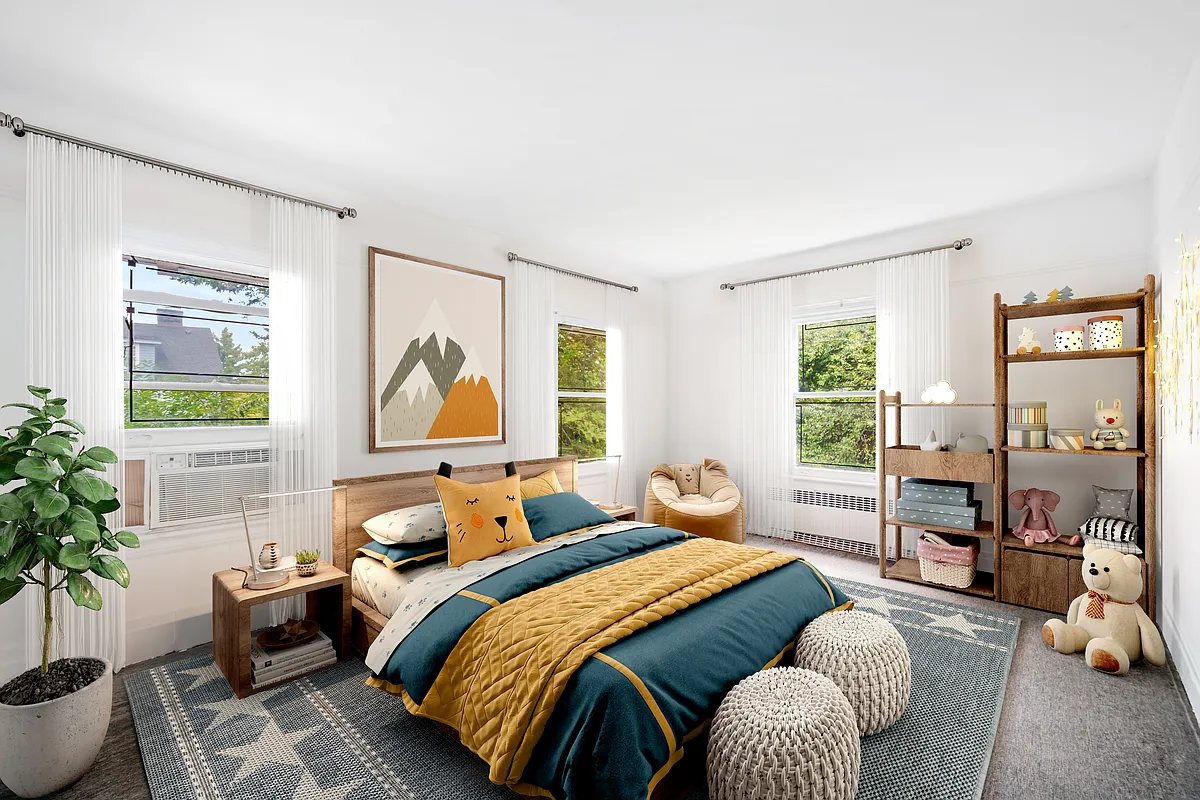 virtually staged bedroom with carpet, two exposures