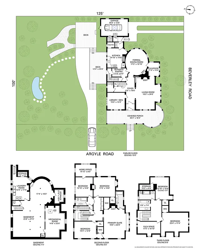 floorplan showing three floors of living space, a basement, an attached garage, and two driveways
