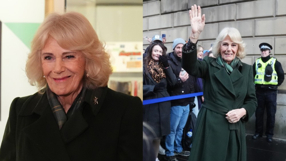 Queen Camilla wears green for her visit to the National Library of Scotland, to mark the launch of the National Year of Reading in Scotland on Jan. 19 Edinburgh, Scotland.