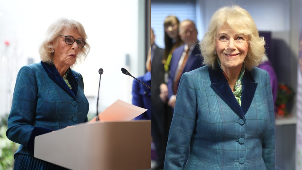 Queen Camilla wears Fiona Clare in Cheltenham, Gloucestershire, on Jan. 21, 2026 in Cheltenham, United Kingdom.