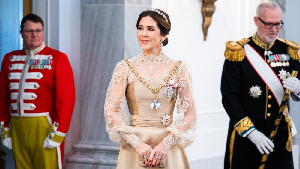 Queen Mary of Denmark wears pieces by Jesper Hovring and Lasse Spangenberg to the New Year's Court/ the New Year's Day Parade hosted by King Frederik X of Denmark and Queen Mary of Denmark at Christian VII's Palace on Jan. 1, 2026 in Copenhagen, Denmark.