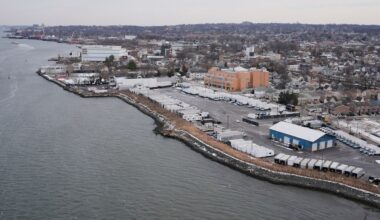 The coast of Staten Island is seen in New York, Friday, Jan. 23, 2026. (AP Photo/Seth Wenig)