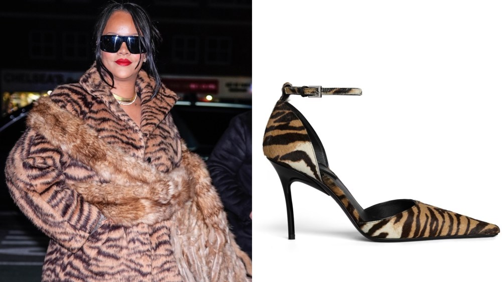 Rihanna is seen on Monday in New York City wearing Alaïa shoes, the brand's Drop Pump in a Tiger Print Haircalf finish.