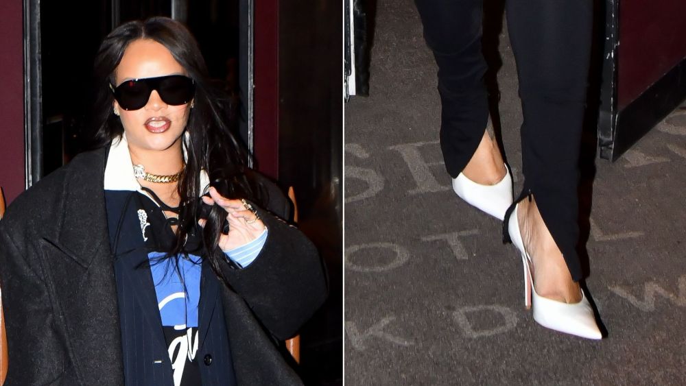 Rihanna wore white Amina Muaddi Anok pumps while out in New York City on Friday night. The Fenty founder has been a long-time fan of the shoe label.