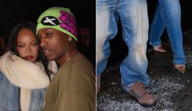 Rihanna, wearing Alaïa Drop Pumps in tiger-striped haircalf, and A$AP Rocky, in Timberland boots, out for a date night in New York City late Sunday night.