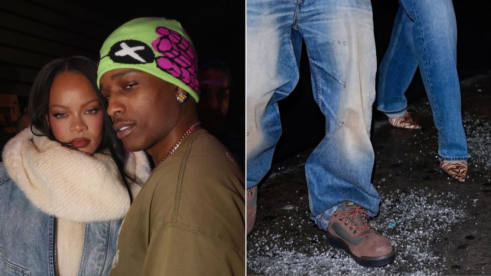 Rihanna, wearing Alaïa Drop Pumps in tiger-striped haircalf, and A$AP Rocky, in Timberland boots, out for a date night in New York City late Sunday night.