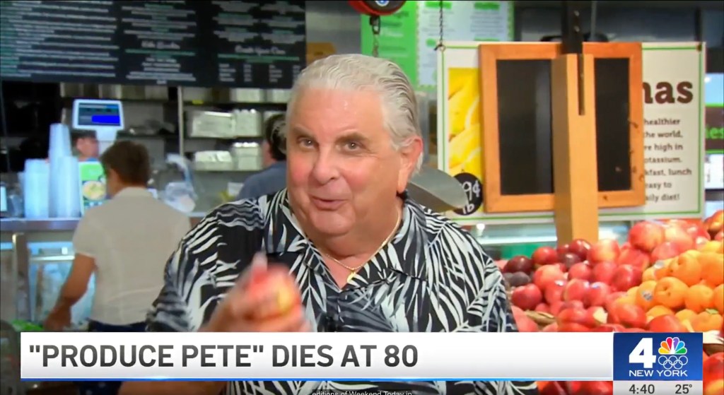 "Produce Pete" holding fruit, with a news chyron stating "'Produce Pete' Dies at 80."