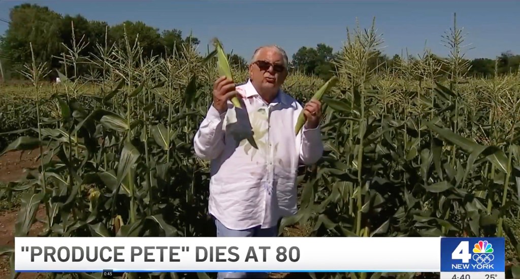 "Produce Pete" holding two ears of corn in a cornfield.