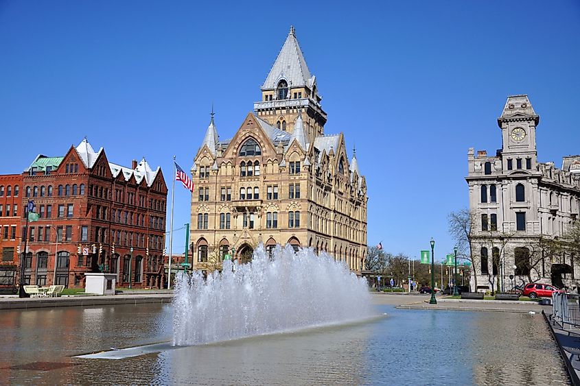 Syracuse Savings Bank Building (left) and Gridley Building (right) at Clinton Square in downtown Syracuse, New York.