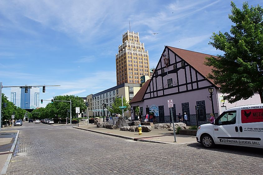 Streetscape of Old Falls Street in downtown Niagara Falls, New York.