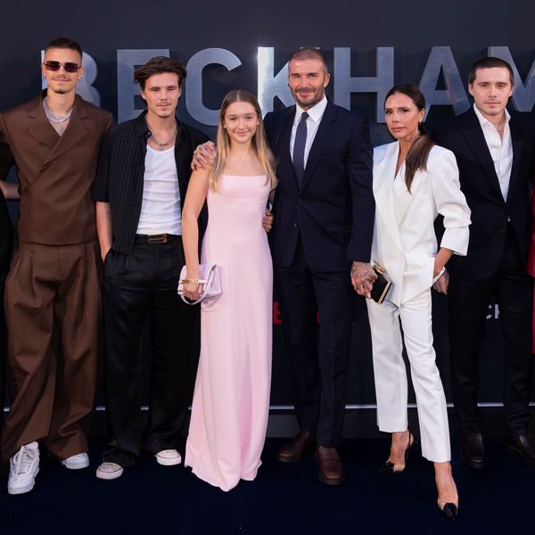 The Beckhams, left to right: Romeo, Cruz, Harper, David, Victoria and Brooklyn, at a London premier in 2023. Pic: AP