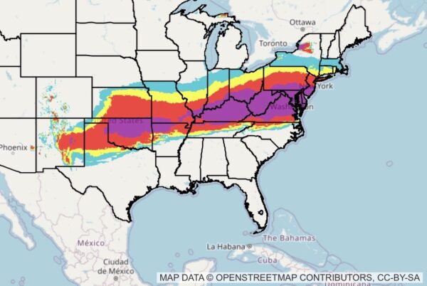 The National Weather Service’s experimental probability map put New York City in the red zone as of Wednesday, indicating a 50-80% probability that a weekend snowstorm will warrant a Winter Storm Warning. (Purple equals a greater than 80% probability; yellow from 30-50%; and blue indicating 10-30%.) Map: NWS