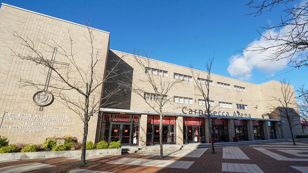Gray brick St. John's university sports arena