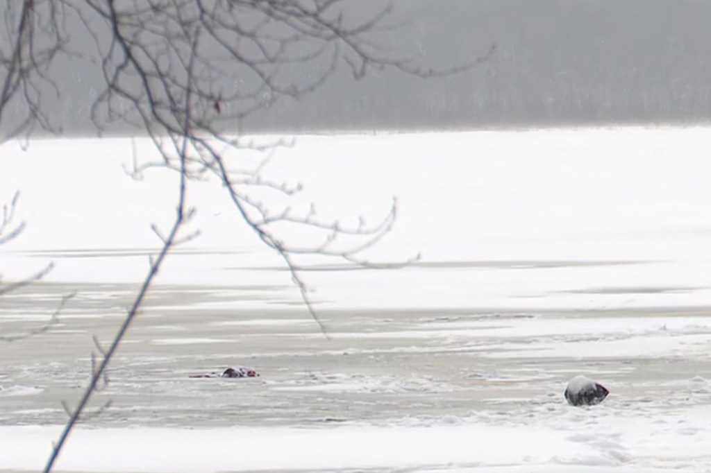 Two people died and two were hospitalized after a snowmobile fell through the ice on an upstate New York pond.