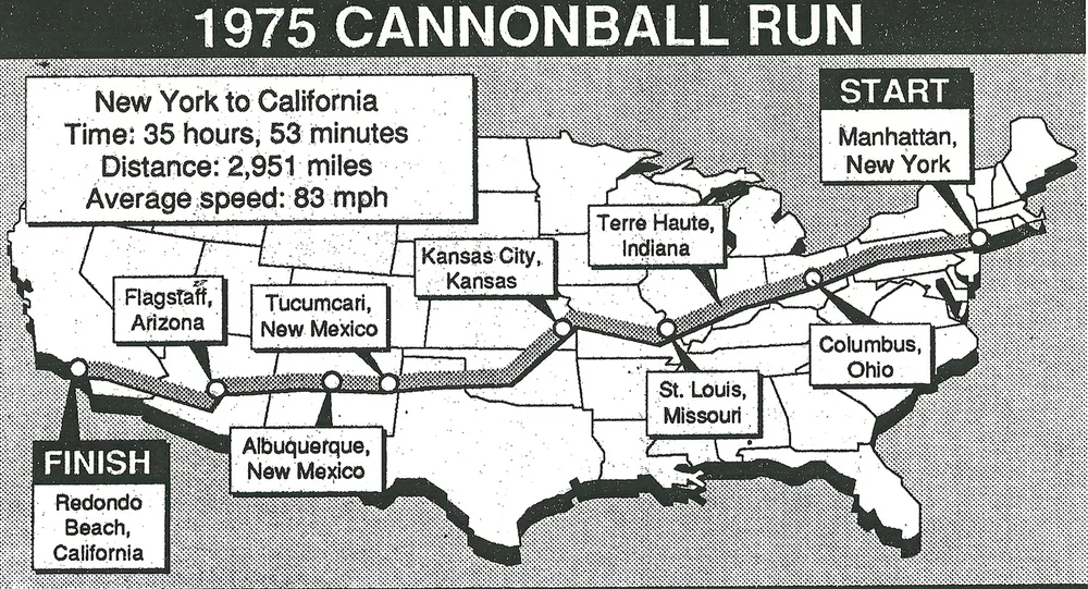 1975 Cannonball Run map