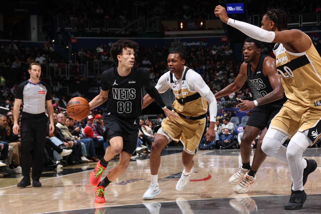 Nolan Traore #88 of the Brooklyn Nets dribbles the ball during the game against the Washington Wizards on January 2, 2026 at Capital One Arena in Washington, DC.