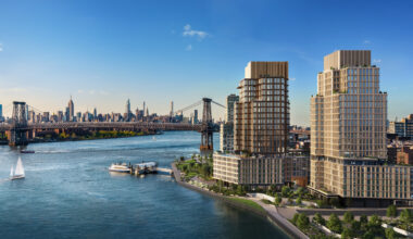 rendering showing waterfront towers