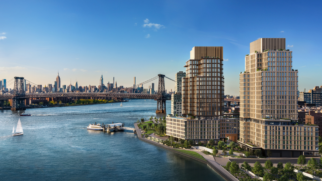 rendering showing waterfront towers
