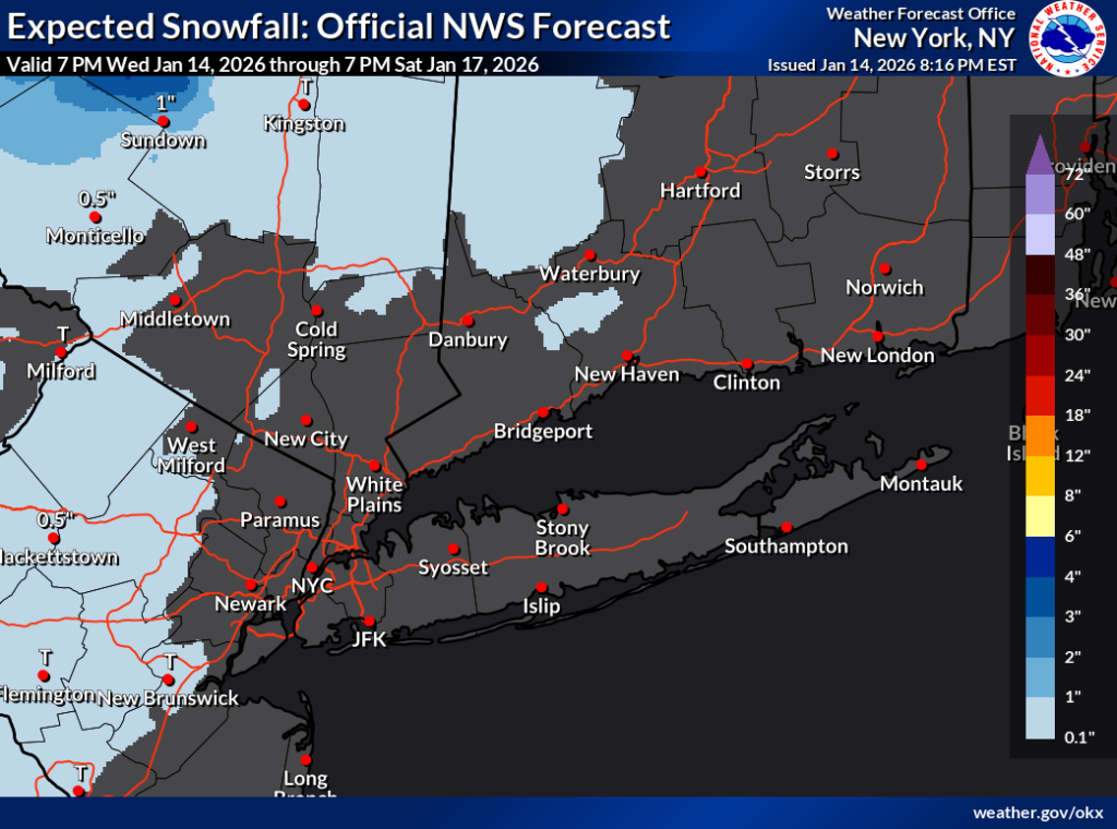 Map showing expected snowfall for the New York area, with trace amounts in much of the region and up to 1 inch in northern areas.