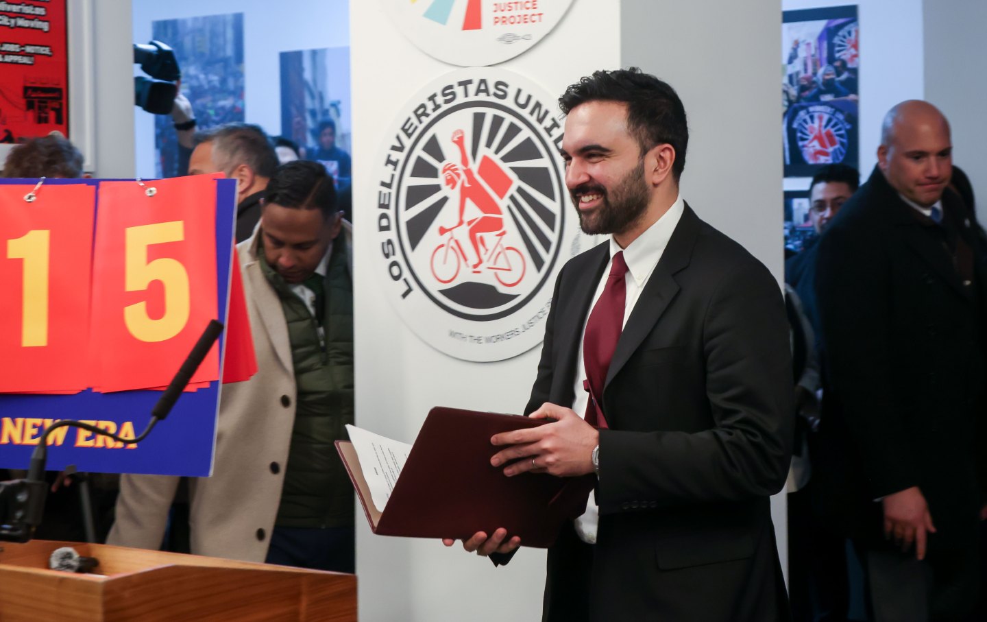 Zohran Mamdani, mayor of New York City, steps up to a podium during a news conference in Brooklyn borough of New York on January 15, 2026.