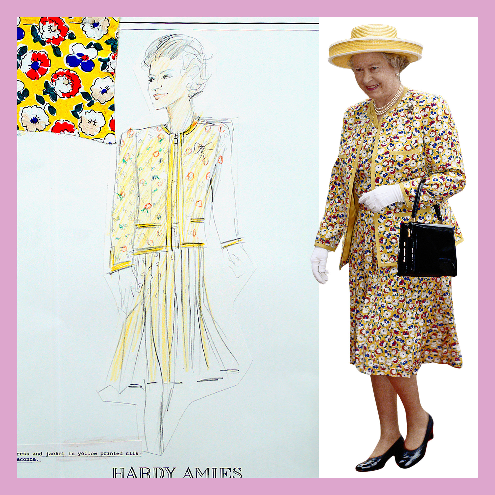 Collage of a fashion illustration and photograph of Queen Elizabeth II in a matching yellow floral outfit.