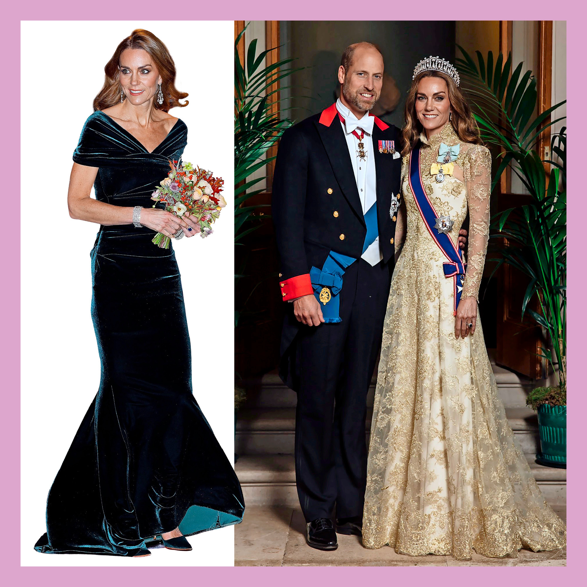 Collage of two images of Kate Middleton in formal attire.