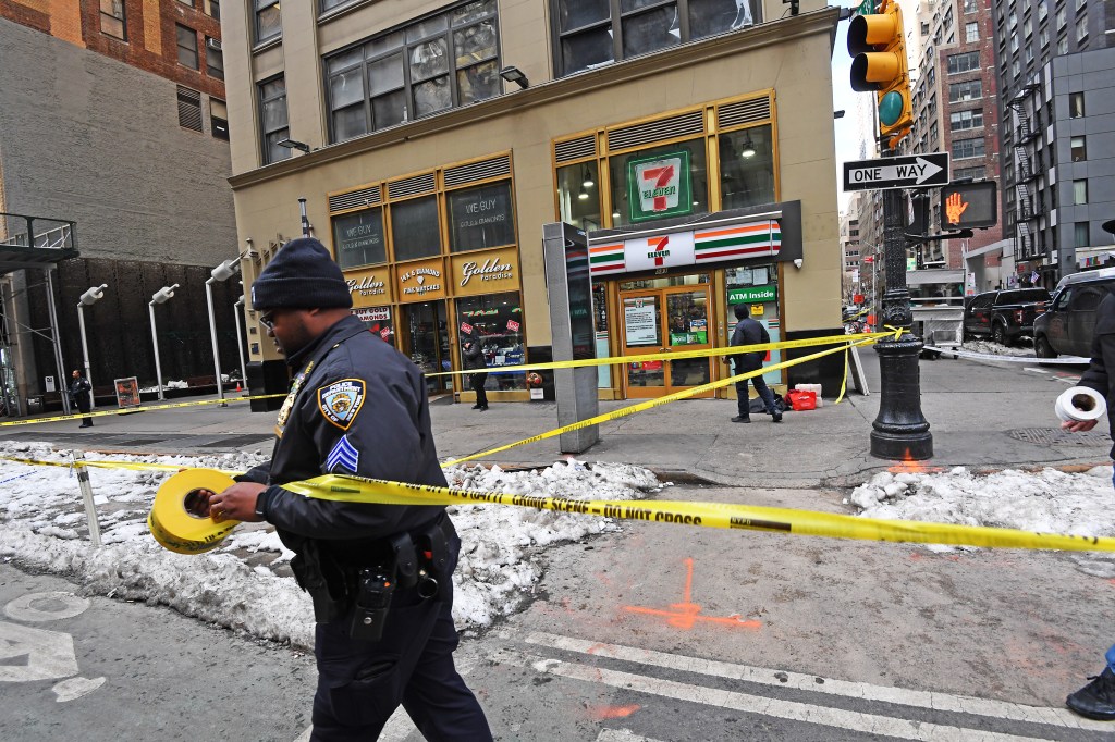 A yellow "CRIME SCENE - DO NOT CROSS" tape hangs above a person's leg, a black jacket, a red Lot-Less shopping bag, and a bundled blanket on the pavement.