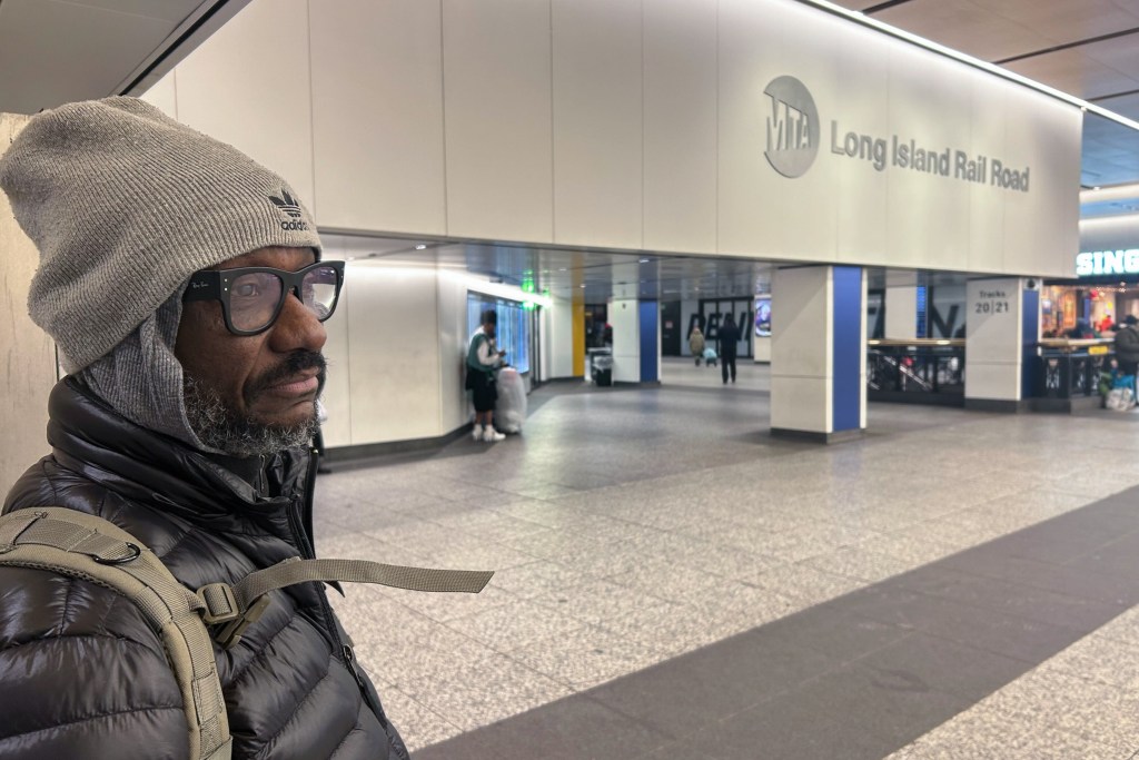 Calvert Davidson waits for LIRR service to resume so he can get back to his home on Long Island,