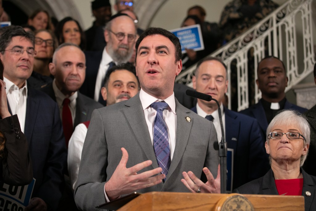 Councilmember Eric Dinowitz (D-Bronx) speaks at a City Hall press conference about a bill to create a buffer zone for protests around houses of worship,