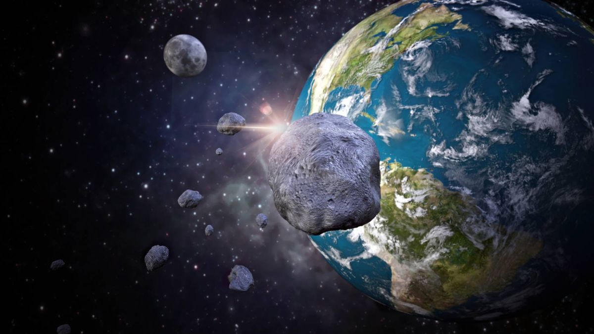 An illustration depicts an asteroid on a collision course with the Earth, set against the backdrop of outer space with visible celestial bodies.