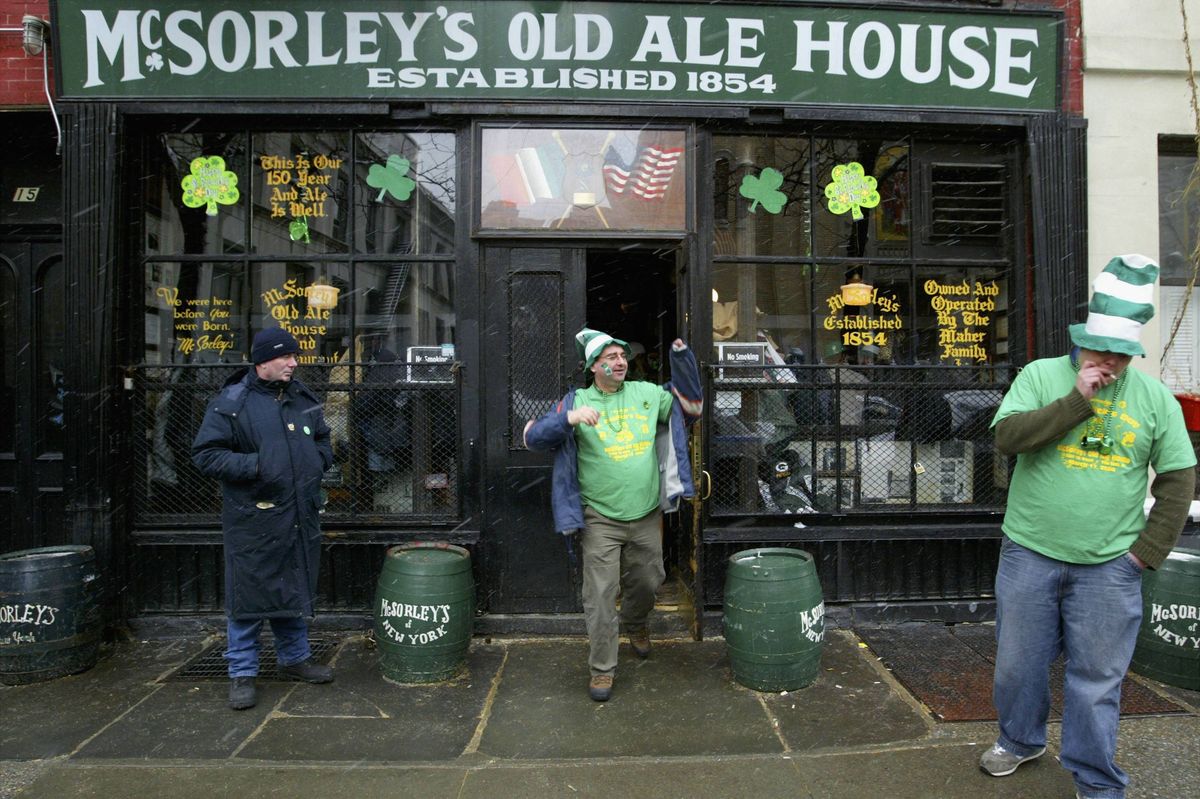 People outside McSorley's Old Ale House on St. Patrick's Day