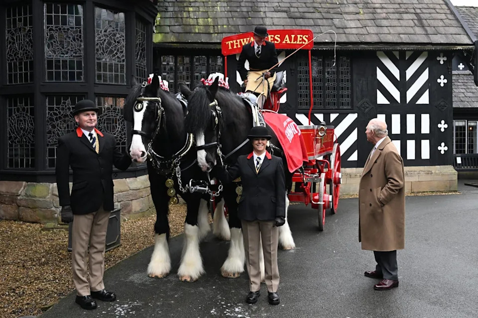 Charles is introduced to shire horses Thunder and Regal