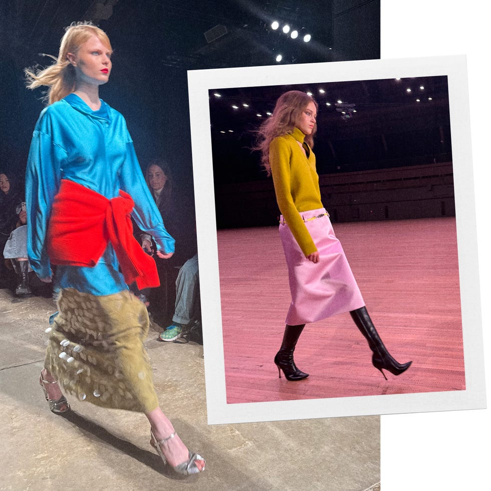 two fashion models walking in a runway setting