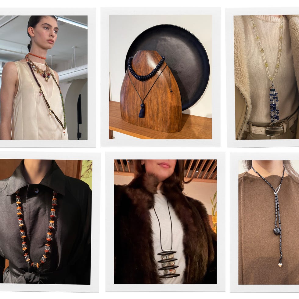 showcase of various necklaces displayed on models and a stand