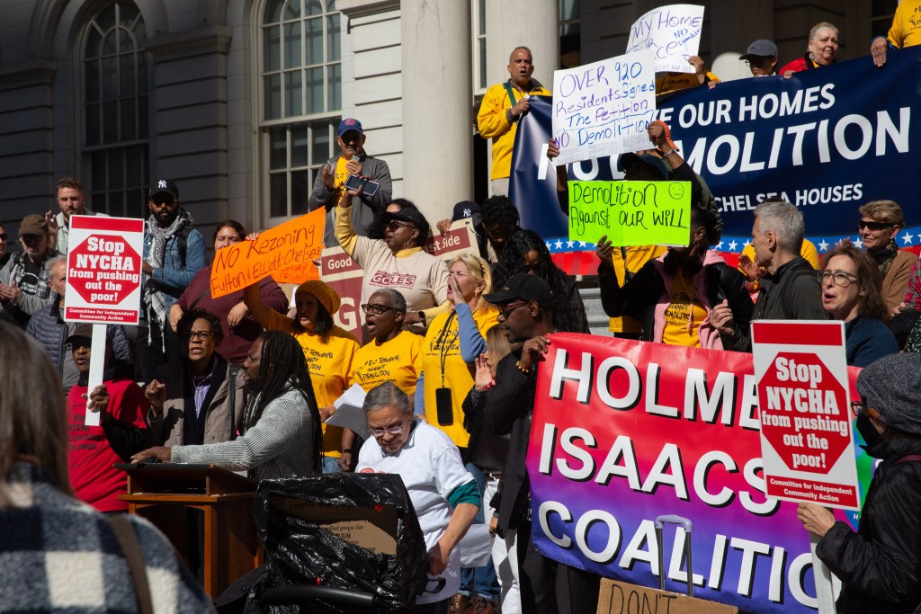 Residents of the Fulton and Elliot-Chelsea Houses protest outside City Hall NYCHA’s plans to allow private developers to rebuild the complexes.