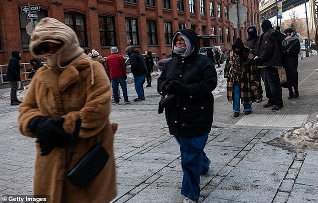 New Yorkers are pictured dressed for the extreme cold on Saturday. This weekend had the coldest temperatures of the winter so far, going as low as 3F in the early hours of Sunday
