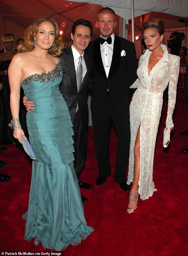 Victoria and David at the Met Gala in 2008 with Marc Anthony and his then wife Jennifer Lopez