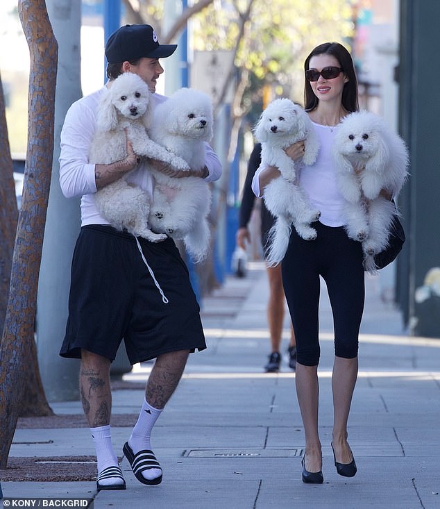 Brooklyn and Nicola were seen carrying their pampered pooches down the sidewalk as they treated them to a grooming session