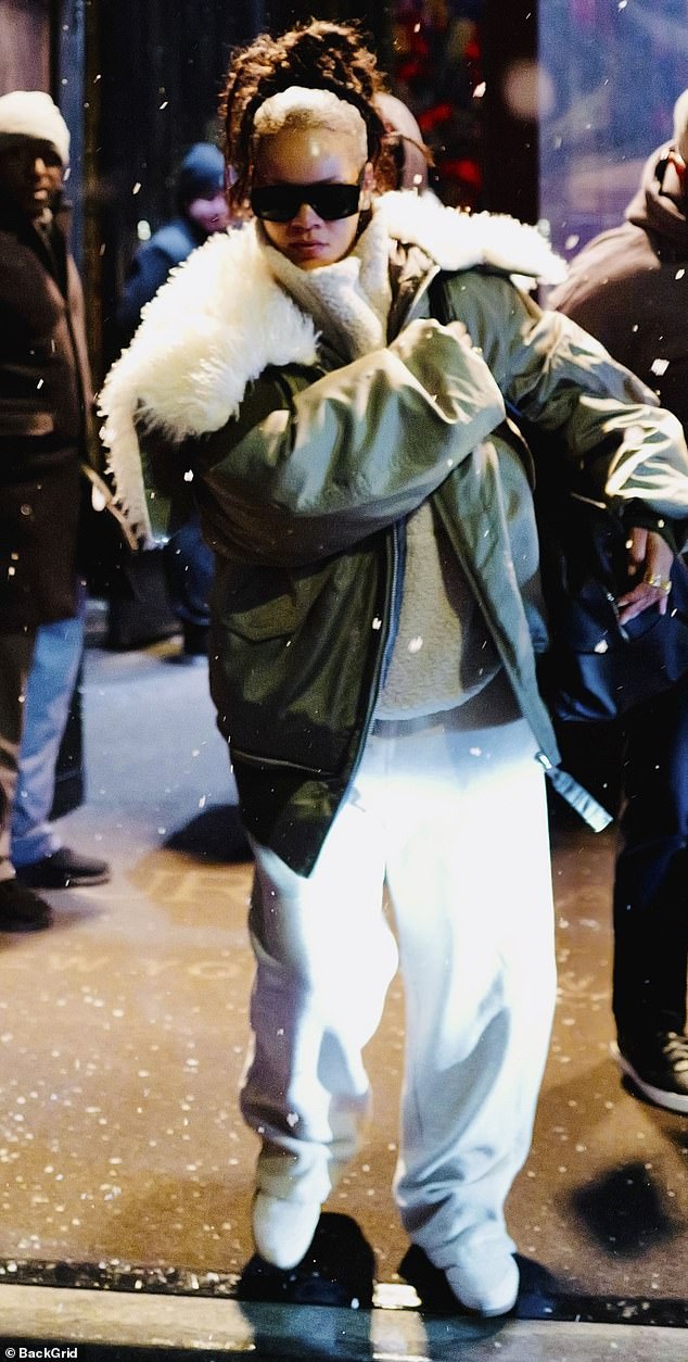 The Umbrella hitmaker, 37, cut a low-key figure as she wrapped up warm in a huge green bomber jacket with fur-lined hood